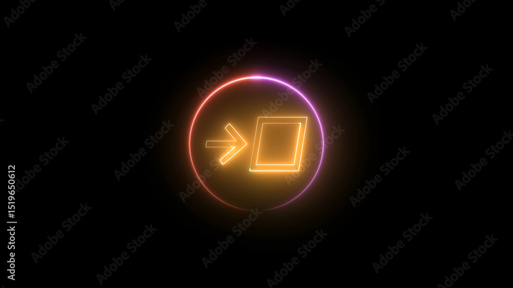 Poster glowing neon exit icon on black background with pink and orange circle border neon exit