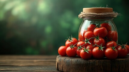 Glass jar filled with ripe cherry tomatoes on a rustic wooden surface, out-of-focus green background