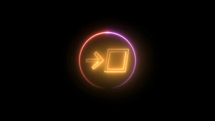 Glowing Neon Exit Icon on Black Background with Pink and Orange Circle Border neon exit