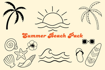 Summer and Beach Icons &ndash; Palm Tree, Flip Flops, Sunglasses, Sun, Waves, Shells, Starfish, Surfboard