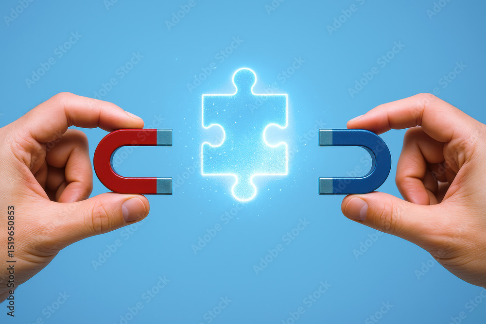 Poster the concept attraction and connection is symbolized by two magnets drawing a glowing puzzle piece re