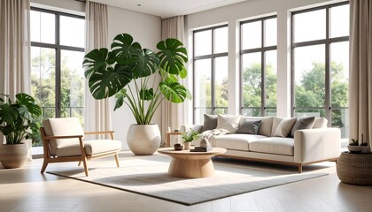 Ultra-Modern Living Room with Potted Monstera. Interior Design Mockup