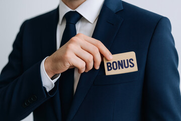 A professional in formal business attire reveals an incentive card symbolizing reward and achievement in corporate success