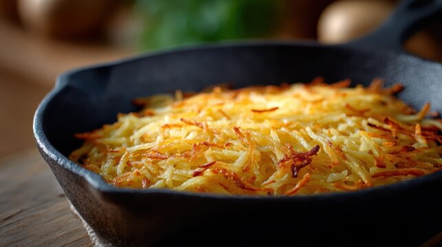 gourmet cooking, rustic kitchen with shredded hash browns in a cast iron skillet warm lighting enhances the homemade, natural texture