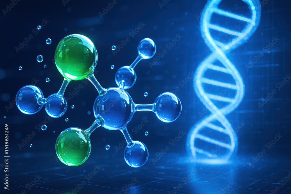 Poster this digital represents molecular structure and dna symbolizing scientific innovation and data analy