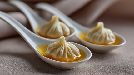 gourmet dumpling presentation, luxurious visual presentation of delicate asian fusion soup dumplings in elegant porcelain spoons, with translucent wrappers and visible broth, showcased in soft studio