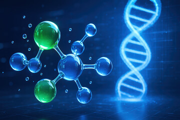 This digital represents molecular structure and DNA symbolizing scientific innovation and data analysis in biotechnology and business development