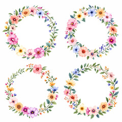 Colorful floral wreath heart design with pink spring flowers and green leaves