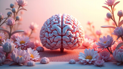 Abstract digital art illustration of a human brain gently surrounded by blooming flowers and lush foliage. Soft, pastel colors to convey a sense of mental health, growth, and well-being.