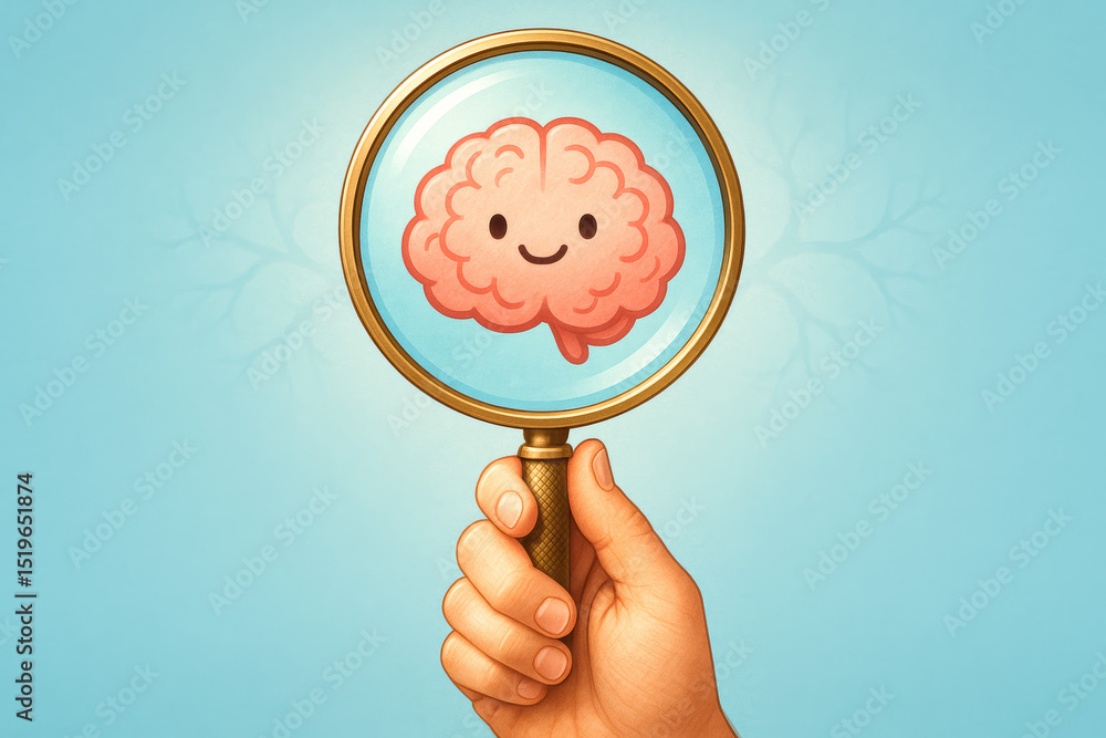 Poster a close-up view a holding a magnifying glass that highlights a stylized brain symbolizing focus insi