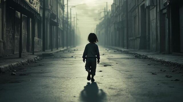 Child walks alone down deserted street in city during foggy early morning