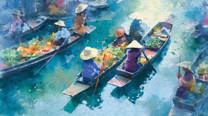 Obraz premium Dreamy watercolor painting of venetian gondolas, serene journey through the canals of venice