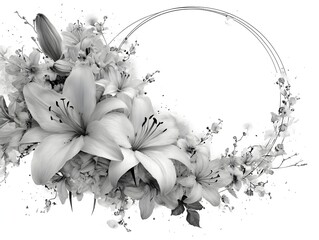 Elegant monochrome lilies and delicate blossoms arranged in a circular frame create a sophisticated...