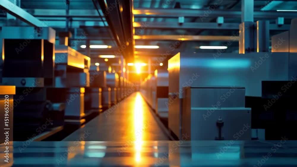 Poster automated machinery in modern factory with conveyor belt and robotic arms. industry and technology c