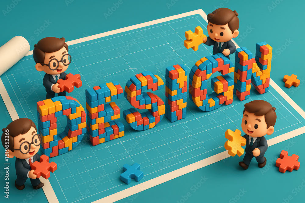 Poster a collaborative process brings together interlocking puzzle elements to form the word design symboli