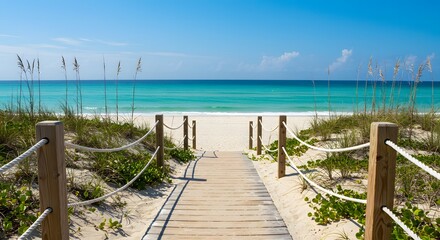 Obraz premium Wooden walkway to tropical beach with clear blue sky