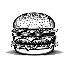 Cheeseburger woodcut engraving vector illustration