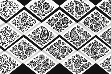 Decorative Black and White Paisley and Floral Seamless Pattern Design