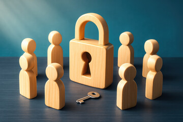 A circular group smooth wooden human figures surrounds a large wooden padlock symbolizing security trust and collaboration in business