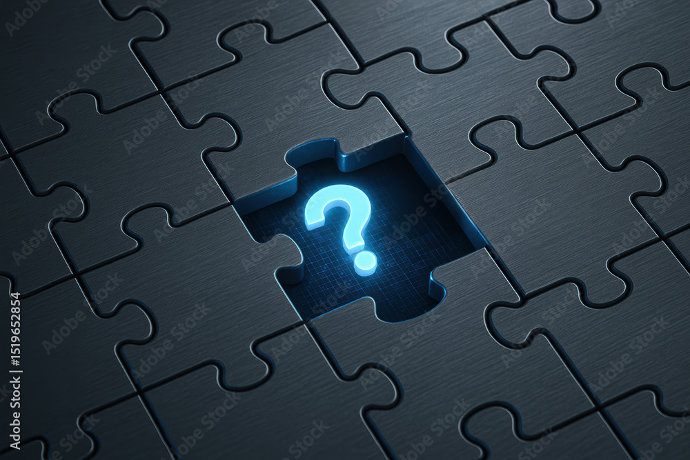 Poster a dark metallic puzzle with one glowing missing piece highlights the challenge solving uncertainty a