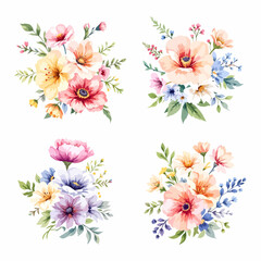 Set of floral bouquet isolated on white background with classical and tropical flowers