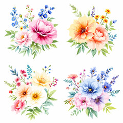 Set of floral bouquet isolated on white background with classical and tropical flowers