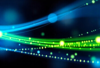 Abstract digital background with flowing blue and green light trails and bokeh effects