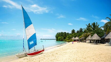 Beautiful natural tropical beach and catamaran with sail against blue sky and ocean. Summer vacation concept.