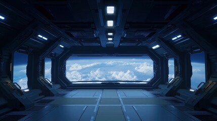Fototapeta premium Futuristic Space Station Interior with View of Earth and Clouds