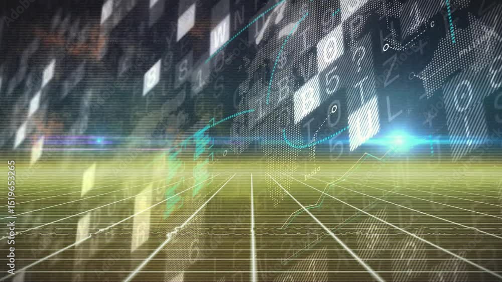 Poster golden beam intensifying at horizon launching floating data symbols over gliding grid in tech space