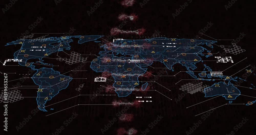 Poster dark screen revealing neon-blue map, dna helix drifting with clusters pulsing showing data spread