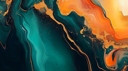 Elegant abstract fluid art background with teal and orange hues featuring golden glitter for luxurious designs