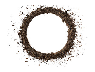 Top view of soil pile in circle shape, dirt frame isolated on white background, vector illustration, earth texture, organic matter, soil layers, nature earth concept.