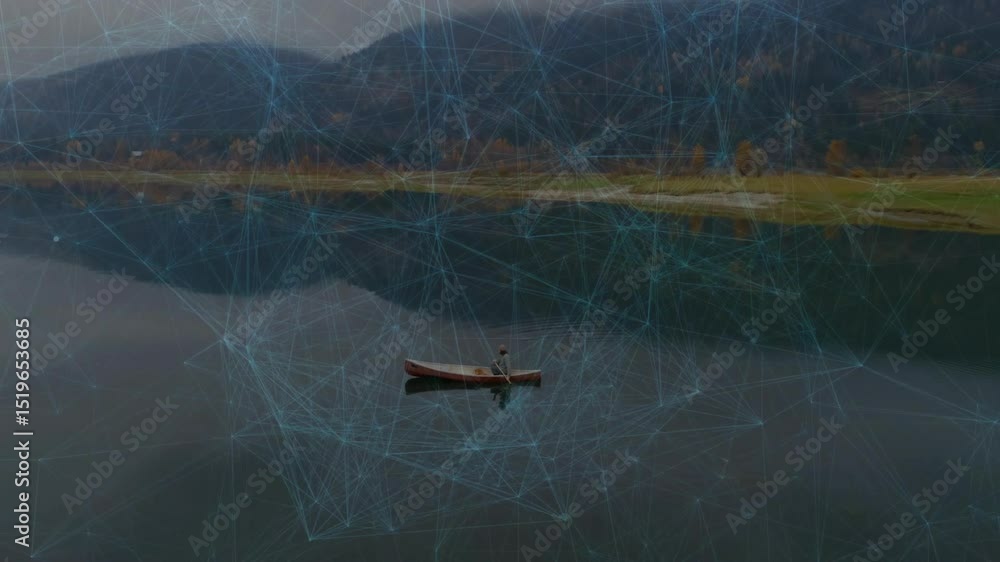 Poster man canoeing planting paddle and paddling to glide forward on lake while tech grid overlay syncing