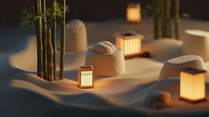 Tranquil Zen Garden with Lanterns, Bamboo, and Serene Sand Landscape