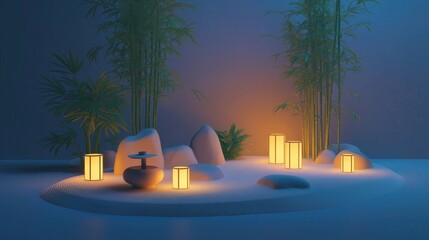 Tranquil Zen Garden with Soft Lighting and Bamboo Accents