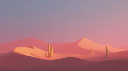 Vibrant Desert Landscape with Cacti Under a Soft Sunset Sky