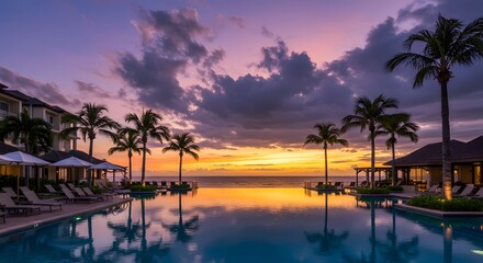 Obraz premium Sunset over tropical resort with swimming pool and palm trees