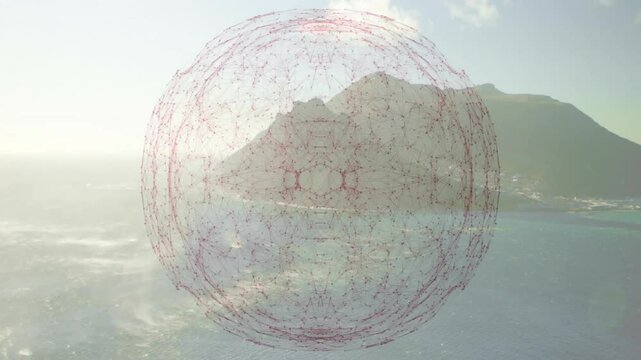 Reddish wireframe sphere appearing above ocean and island, growing, splitting, forming network