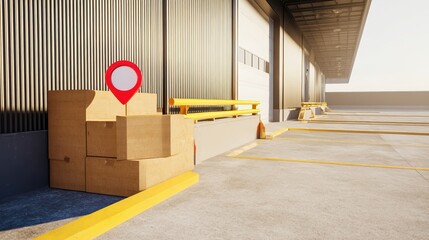 Multiple cardboard boxes are neatly stacked against a loading dock of a large warehouse. The area is spacious with yellow lines marking designated zones under soft sunlight