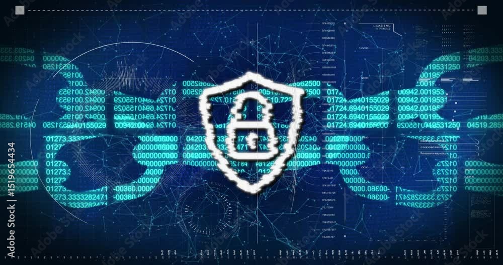 Poster code streams spawning chain rings shield icon glitching and padlock locking to secure connection