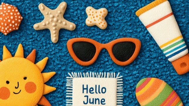 Hello June text Bright summer Colorful summer-themed items including sunglasses, sun, and beach accessories on a textured background.