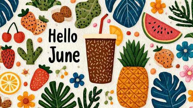 Hello June text Bright summer Colorful tropical pattern featuring fruits and a drink, celebrating summer vibes with the text "Hello June.