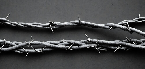 Barbed wire coil in gritty stipple with photocopy wear, pure gothic rebellion
