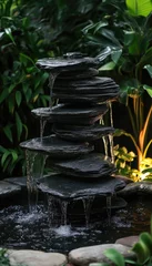Dark-toned stone water feature cascading in a lush garden setting
