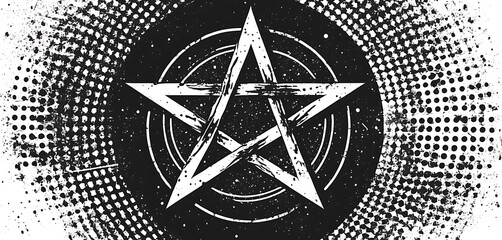 Pentagram symbol with halftone static and grunge ink smears, goth zine-ready
