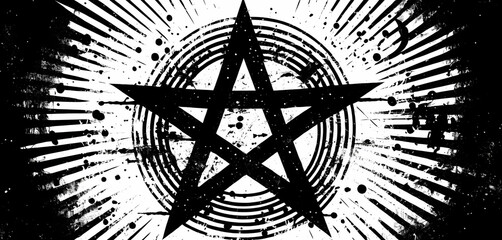 Pentagram symbol with halftone static and grunge ink smears, goth zine-ready

