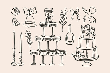 Vector hand drawn trendy summer wedding outline illustration. Elegant flat minimalist hand drawn modern art for wedding invitations, menu, graphics and design