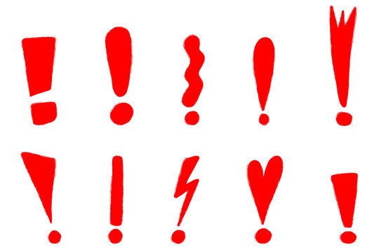 Doodle exclamation marks set.  Hand drawn exclamation point. Punctuation marks. Red vector illustration isolated on white background.