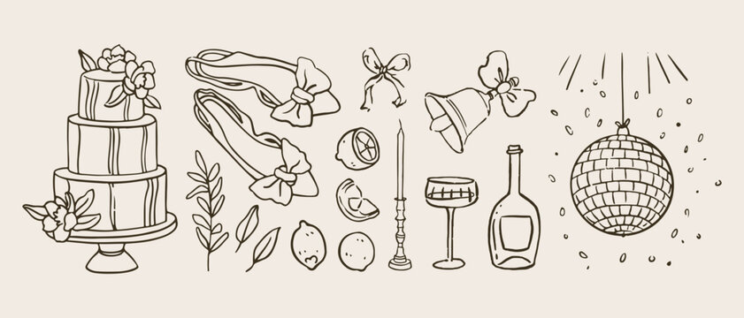 Vector hand drawn trendy summer wedding with cakes, shoes, wine, disco ball outline illustration. Elegant flat minimalist hand drawn modern art for wedding invitations, menu, graphics and design